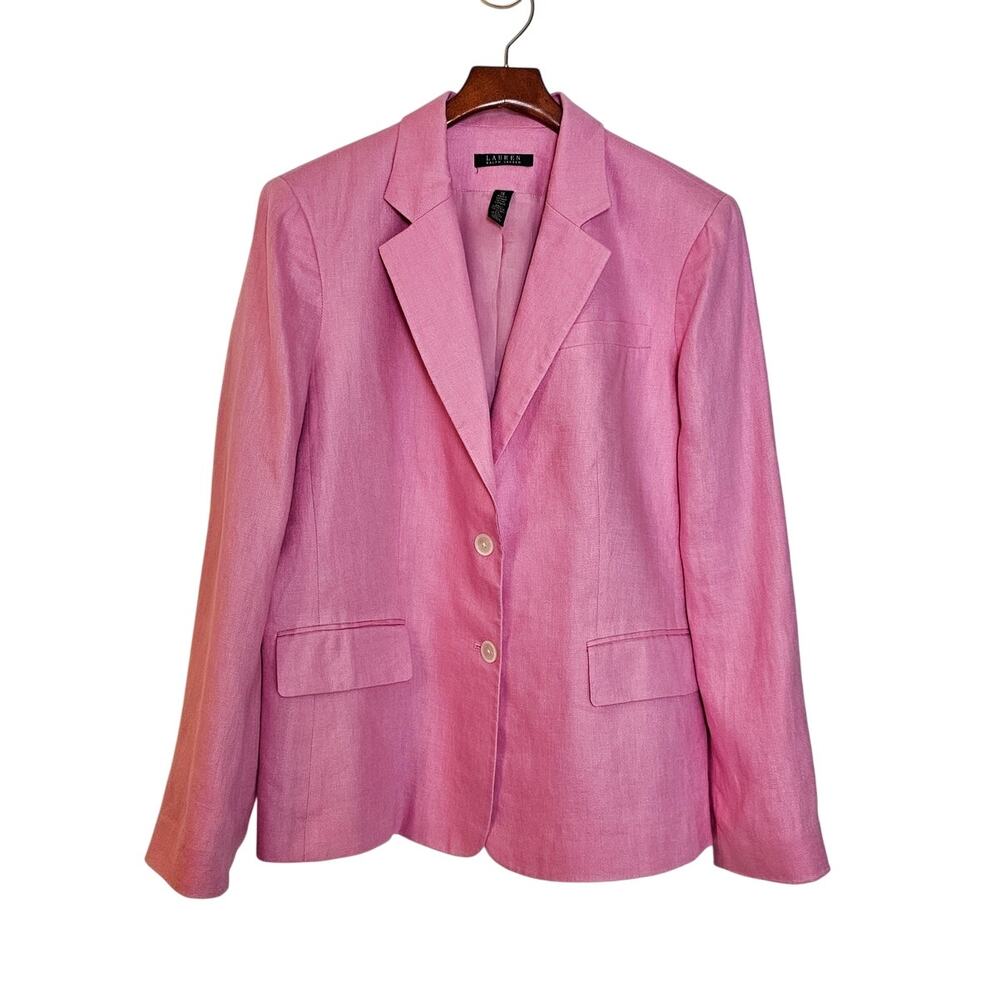 Lauren Ralph Lauren 100% Linen Pink Preppy Tailored Lined Blazer Size 16